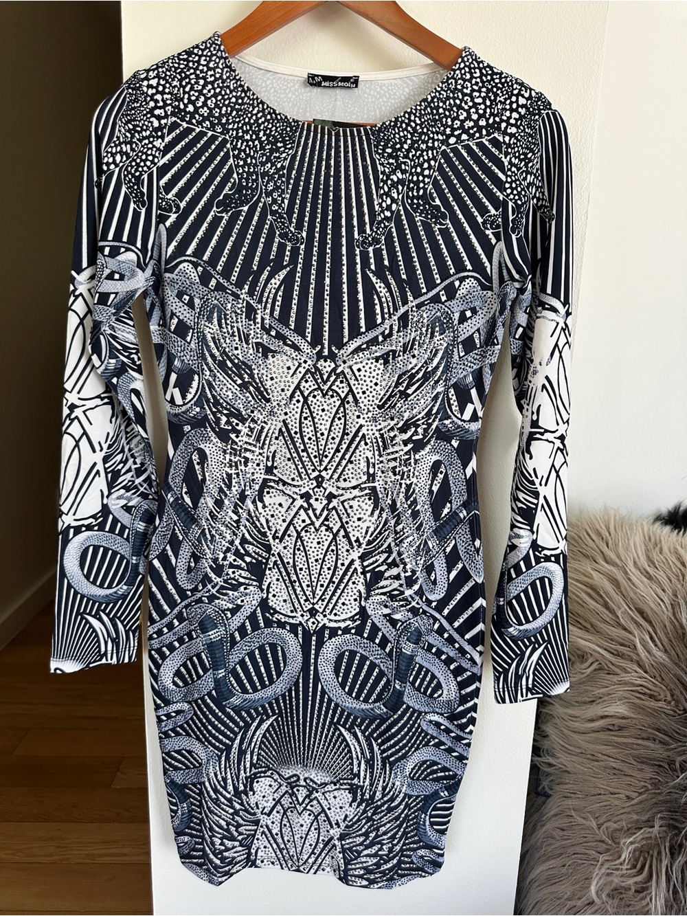 Miss Moi Black & White Printed Long Sleeve Dress medium